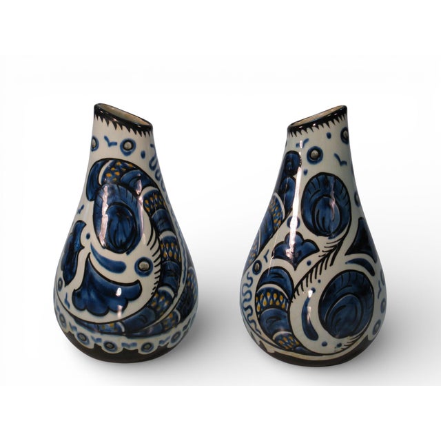 Mid-Century Modern 1950s Pair Vases Gouda Pottery Bleu Du Paris, Royal Zuid Holland MCM For Sale - Image 3 of 11