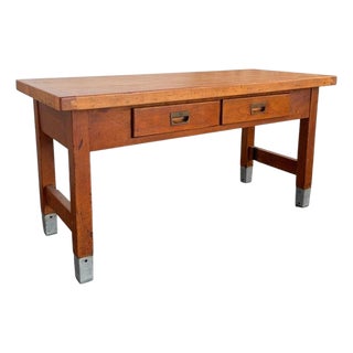 1950s Industrial Maple Library Console Work Table For Sale