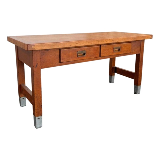 1950s Industrial Maple Library Console Work Table For Sale