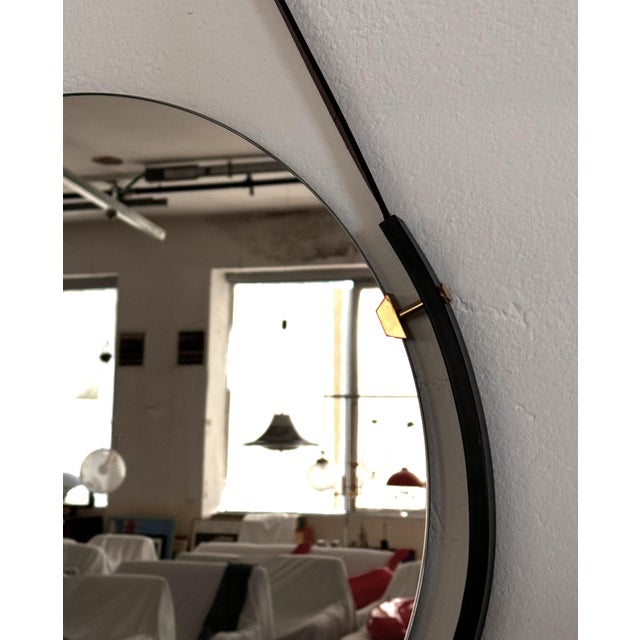 Italian Floating Wall Mirror with Leather Strap and Brass Details, 1960s For Sale - Image 11 of 14