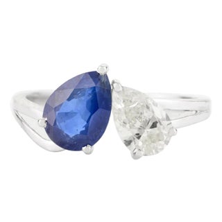 18k Gold Pear Cut Sapphire Diamond Toi Et Moi Engagement Ring Size 6.5 For Sale