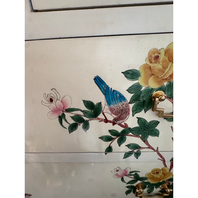 Chinoiserie Vintage, Floral, White Lacquer Chinoiserie Tall Boy Dresser For Sale - Image 3 of 18
