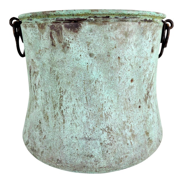English Turquoise Copper Cauldron Fire Wood Or Log Bucket Pot Or