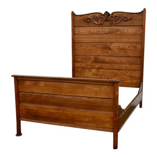 Antique Carved Oak Full Size High Back Bed W/Rails For Sale