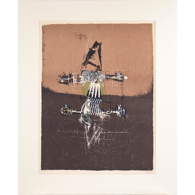 Bold abstract aquatint by Johnny Friedlaender (Polish-French, 1912-1992). Comprised of two main sections, this piece is...
