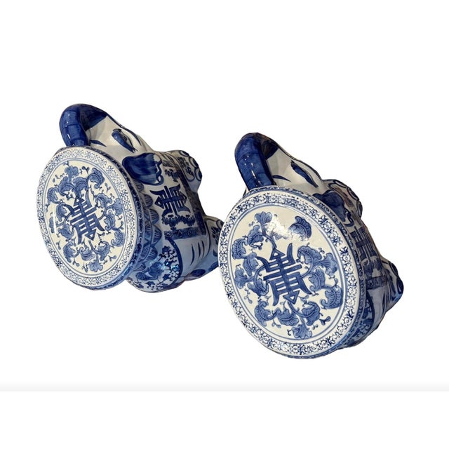 Late 20th Century Pair of Chinese Export Blue & White Ceramic Elephant Plant Stands / Garden Stools For Sale - Image 5 of 9