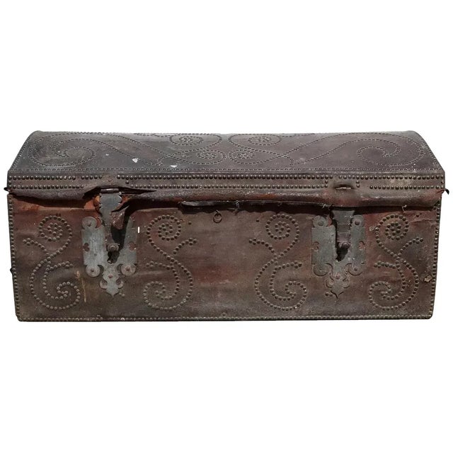18th Century Portuguese Baroque Leather Studded Dome-Top Coffer Trunk For Sale - Image 13 of 13