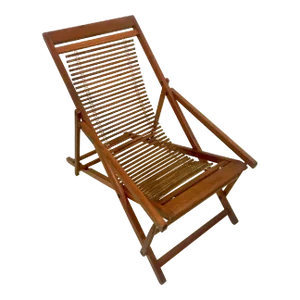 Rare Peoples Republic Period Chinese Folding Wood & Slatted Bamboo Deck (Sling) Chair