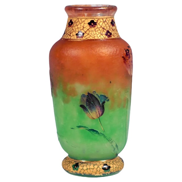 Art Nouveau Cameo Vase with Tulip Decor & Gilding from Daum Nancy, France, 1890s For Sale