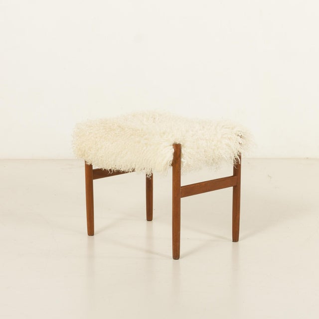 Mid-Century Modern Mid-Century Danish Teak Ottoman in Long Hair Sheepskin, 1960s For Sale - Image 3 of 11