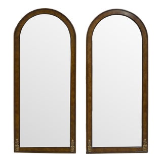 1970s Hollywood Regency Neoclassical Arched Burl Wood Wall Mirrors With Brass Ormolu Detail - A Pair For Sale