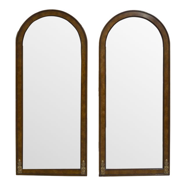 1970s Hollywood Regency Neoclassical Arched Burl Wood Wall Mirrors With Brass Ormolu Detail - A Pair For Sale