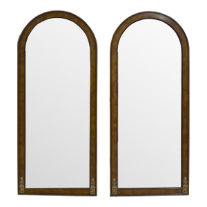 1970s Hollywood Regency Neoclassical Arched Burl Wood Wall Mirrors With Brass Ormolu Detail - A Pair