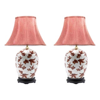 Mid-Century Italian Red Fish Table Lamps in Porcelain with Wood Base, Set of 2 For Sale