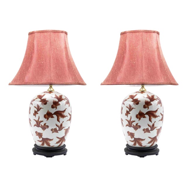 Mid-Century Italian Red Fish Table Lamps in Porcelain with Wood Base, Set of 2 For Sale