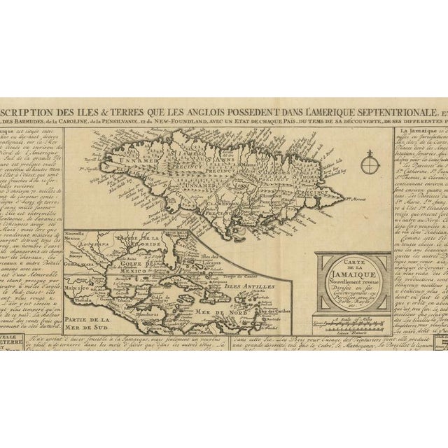 French Colonial America Map with Jamaica, Barbados and Carolina, 1719 For Sale - Image 4 of 12