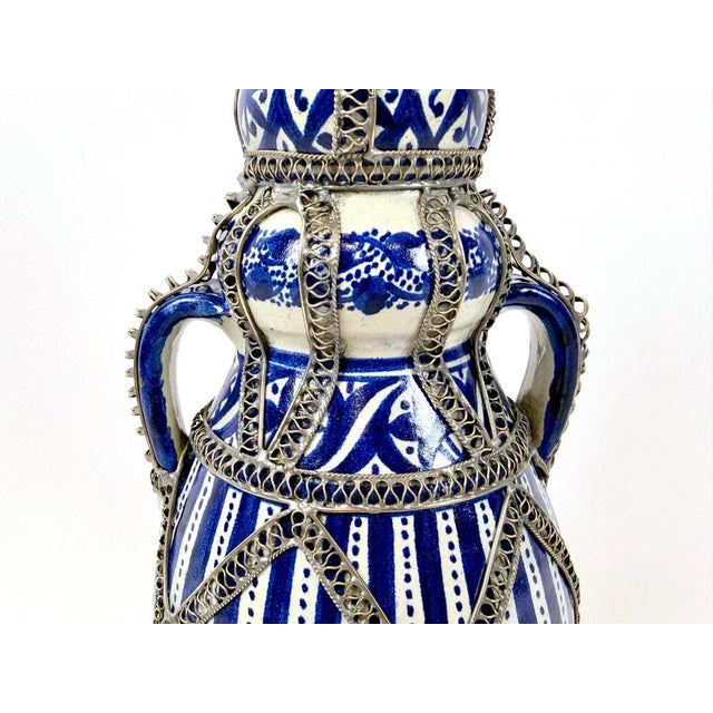 Mid-Century Moroccan Hand Painted Cobalt Ceramic Decanter with Wire Filigree Detailing, 1950s For Sale - Image 10 of 14