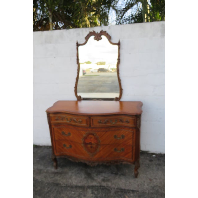 French Early 1900s Inlay Carved Dresser Bathroom Vanity and Mirror For Sale - Image 15 of 18