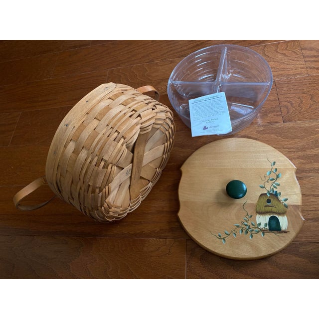 New Vtg. 1992. Longaberger Basket, Leather Handles Hand Painted Wood Lid With 4 Compartment Insert For Sale - Image 12 of 12