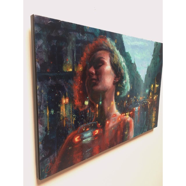 Contemporary Dreaming of the City 2 by Christopher Clark | Oil on Wood Panel Woman in a city street at night. For Sale - Image 3 of 3