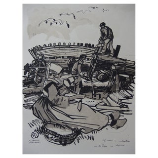 Mathurin Meheut, Boats Under Construction in Armor, 1930s, Original Woodcut For Sale