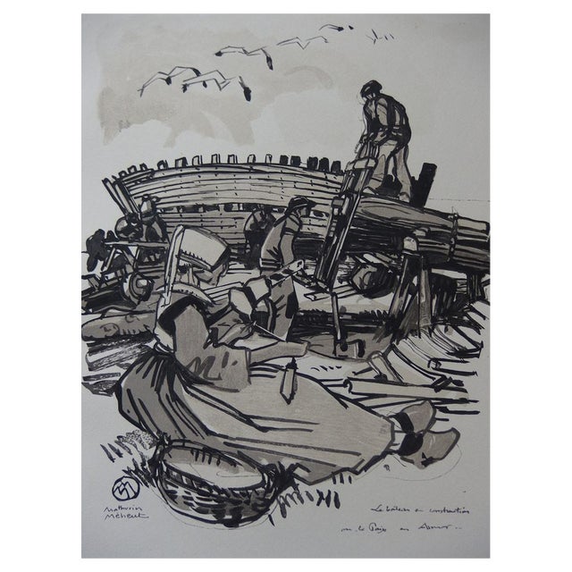 Mathurin Meheut, Boats Under Construction in Armor, 1930s, Original Woodcut For Sale