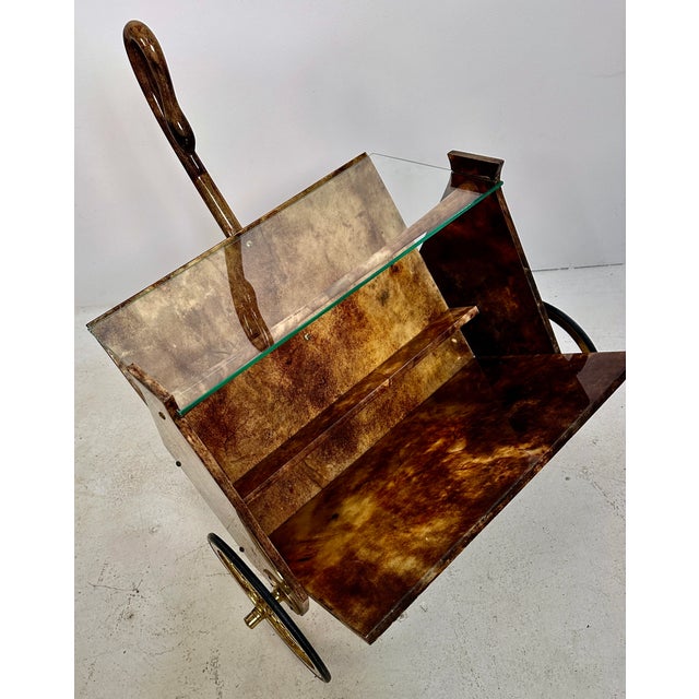 Mid-Century Modern Aldo Tura Lacquered Goatskin Swan Bar Cart, Italy C 1950s For Sale - Image 3 of 10