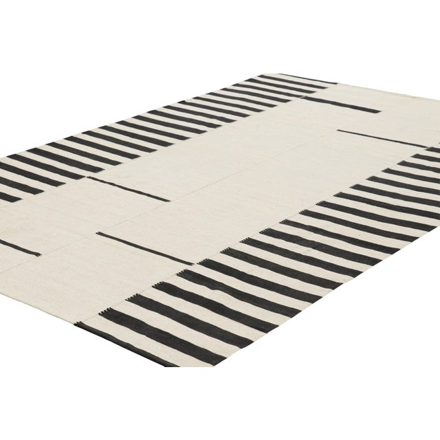 Rug & Kilim Rug & Kilim’s Contemporary Kilim With Textural Cream and Black Stripes For Sale - Image 4 of 7