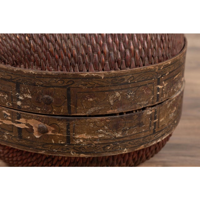 Mid 20th Century Vintage Chinese Midcentury Rattan Circular Hat Box with Weathered Patina For Sale - Image 5 of 13