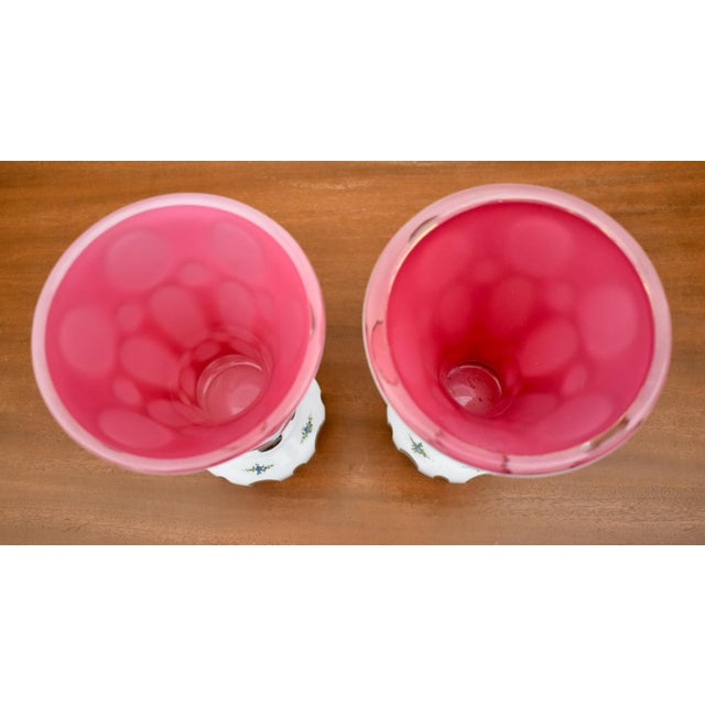 1950s Vintage Pair of Moser? Bohemian Cased Glass Cranberry & White Hand Painted Vases For Sale - Image 5 of 13