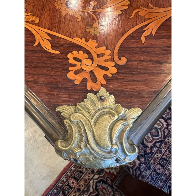1900s Victorian Rosewood Game Table With Floral Inlay, Brass Details, Expandable, Original Condition For Sale - Image 9 of 10