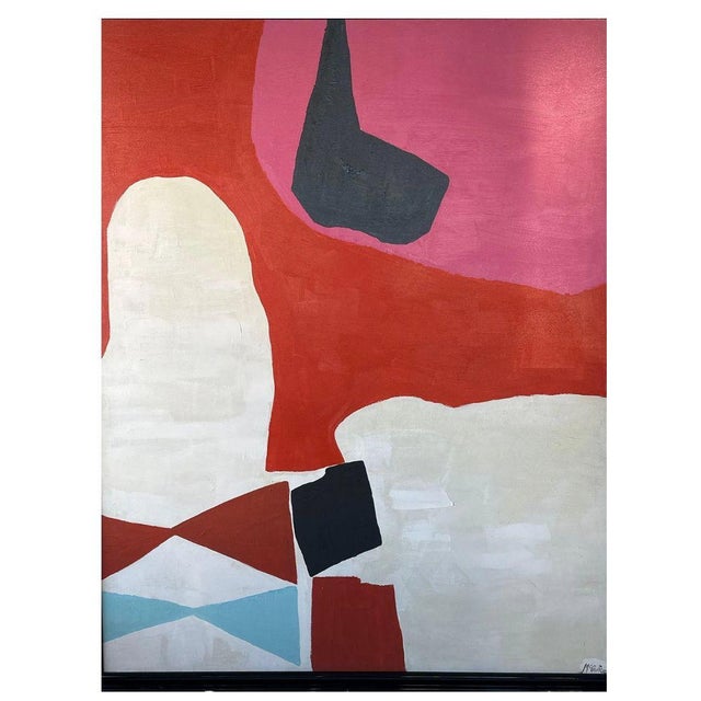 An oversized modern abstract oil painting in red, pink and white and framed in a high gloss stepped black frame. Signed by...