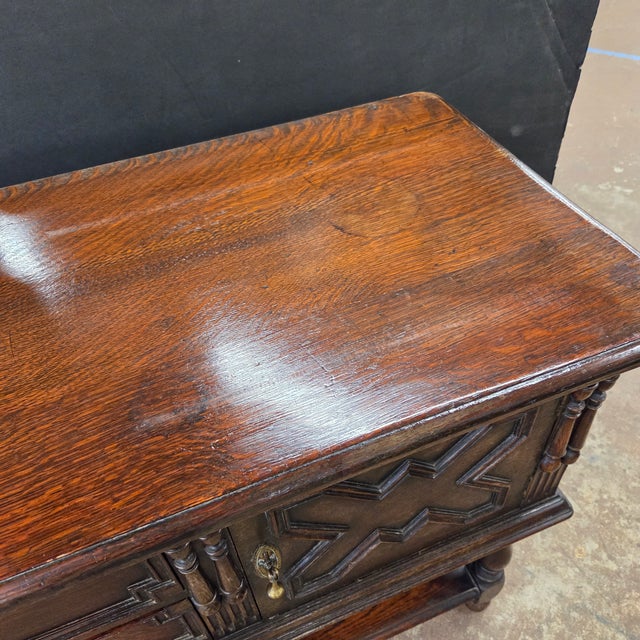 Antique English Carved Oak Sideboard With Intricate Geometric Carvings and Brass Hardware For Sale - Image 16 of 18