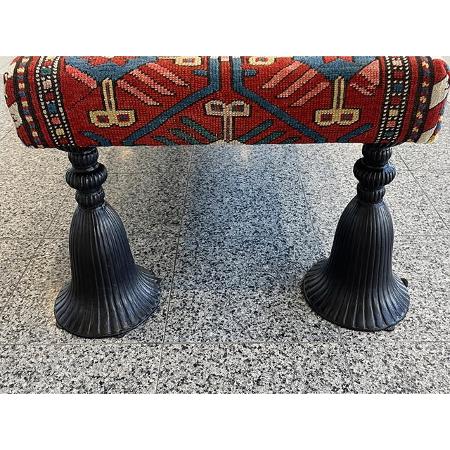 Metal 1940s Kilim Ottoman With Cast Iron Tassel Legs For Sale - Image 7 of 12