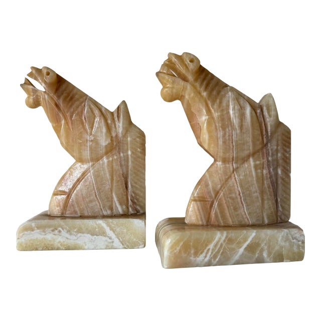 Vintage Carved Marble Horse Head Bookends - A Pair/ Sold For Sale