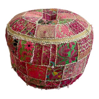 Vintage Indian Embroidered Pouf Ottoman For Sale