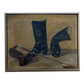 Mid 20th Century Equestrian Boot Still Life Oil Painting - Unsigned For Sale