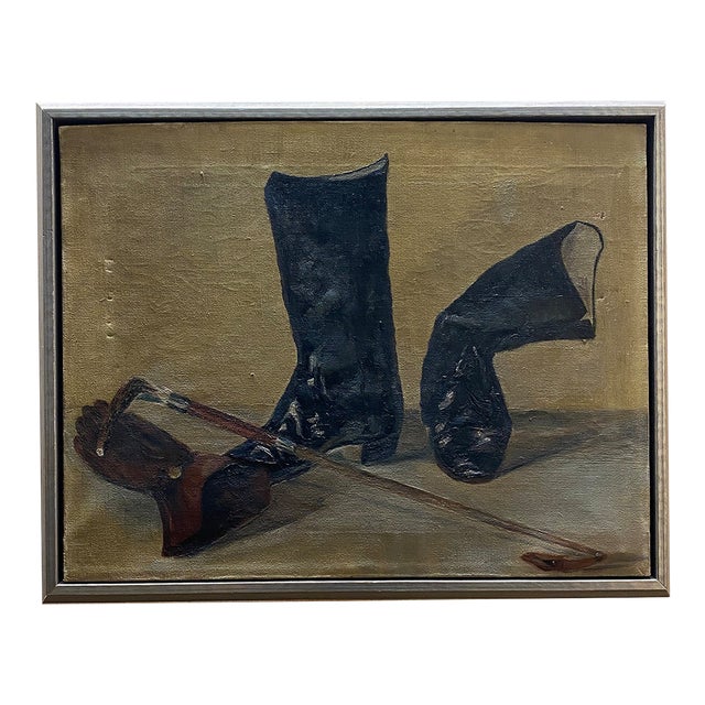 Mid 20th Century Equestrian Boot Still Life Oil Painting - Unsigned For Sale