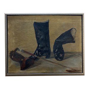 Mid 20th Century Equestrian Boot Still Life Oil Painting - Unsigned