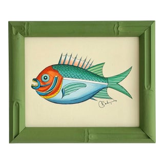 Original Hand-Painted Fish Painting in a Hand-Painted Frame For Sale