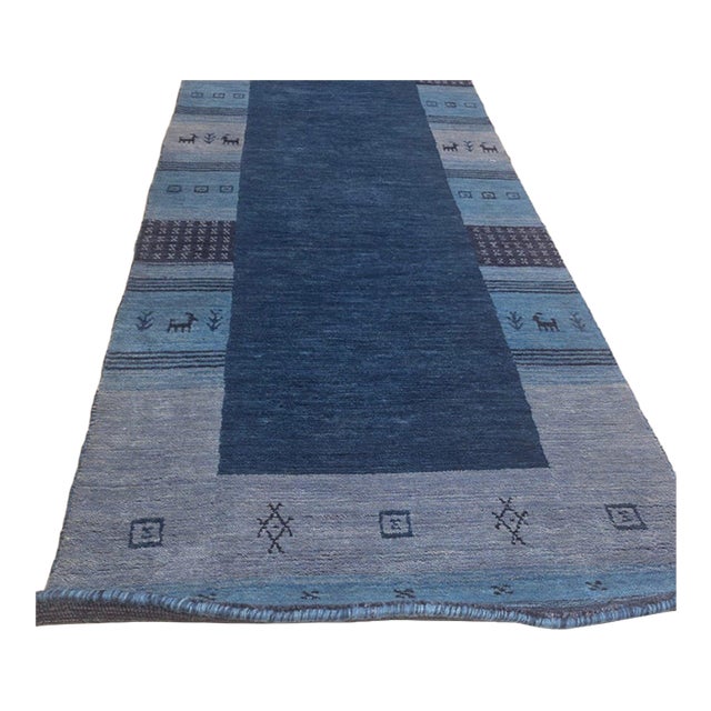4x6 Handloomed Blue Gabbeh Tribal Geometric Modern Hand Loomed Wool Carpet Rug For Sale