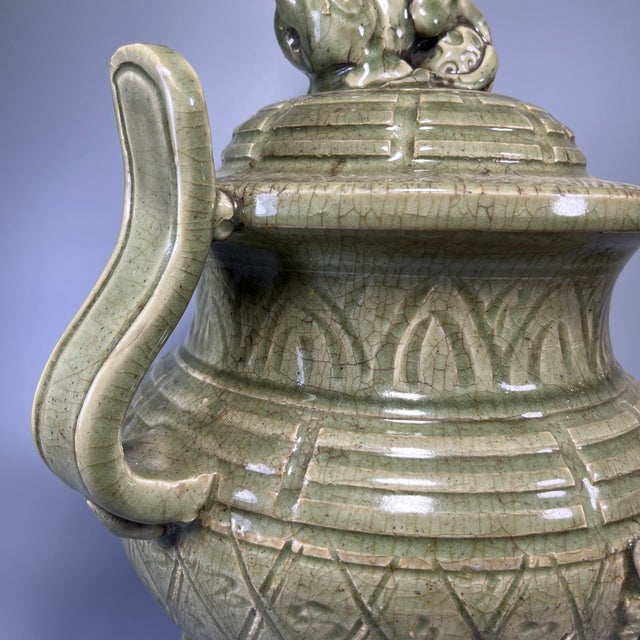 Chinese Celadon Tripod Censer, Lion‑Finial Lidded Incense Burner for Collectible Display For Sale - Image 4 of 7