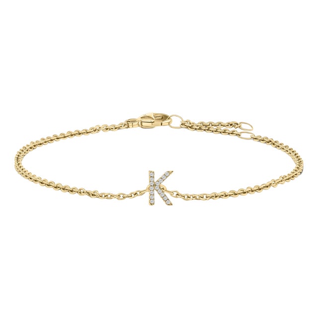 10K Yellow Gold Diamond Accent "K" Initial Charm and Link Bracelet For Sale