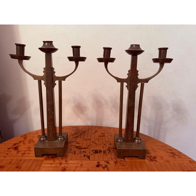 Dutch Amsterdam School Arts and Crafts 1910 Pair of Brass Candleholders For Sale - Image 4 of 15