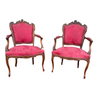 19th Century Pair of Cabriolet Armchairs in Solid Walnut, Louis XV Style For Sale