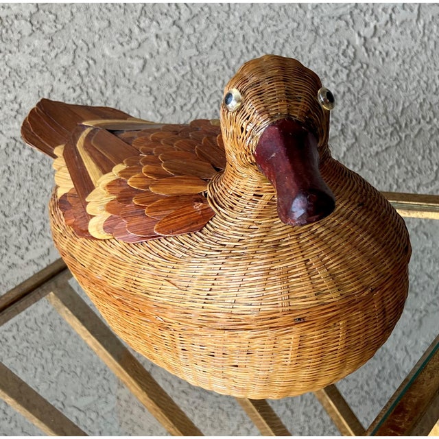 1970s Circa 1970/1980 Finely Handcrafted Lacquered Rattan & Bamboo Decorative Duck Storage Basket For Sale - Image 5 of 12