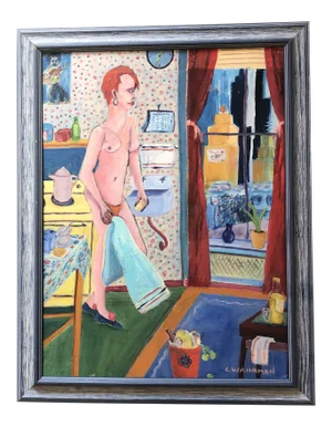 Original Vintage Modernist Female Nude Interior Painting