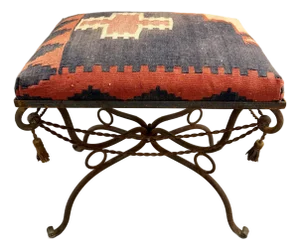 Vintage Spanish Revival Wrought Iron Bench Ottoman With Kilim Upholstery
