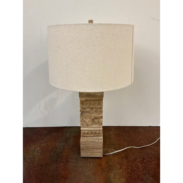 Tan Revelation Icon Lamps Carved Travertine - Pair. For Sale - Image 8 of 9