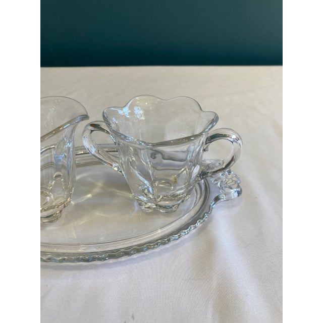 Mid-Century Modern Vintage Clear Fluted Glass Creamer and Sugar Bowl Set With Matching Serving Tray For Sale - Image 3 of 7